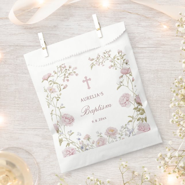 Bolsa De Papel Bautizo con marco floral rosado (Cortado)