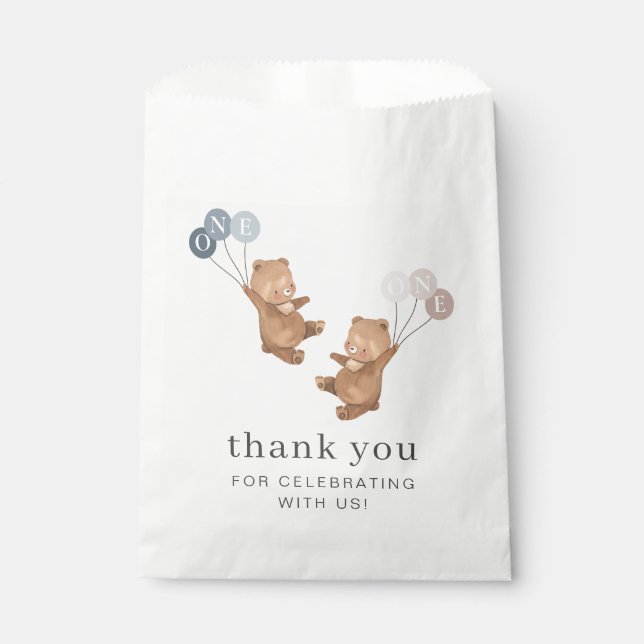 Bolsa De Papel Bear Boy Chicas gemelos - 1er cumpleaños - (Anverso)