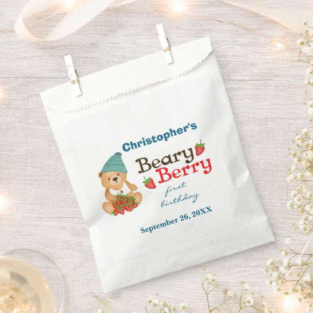 Bolsa De Papel Beary Berry Primer cumpleaños Cute Cub Strawberrie (Cortado)