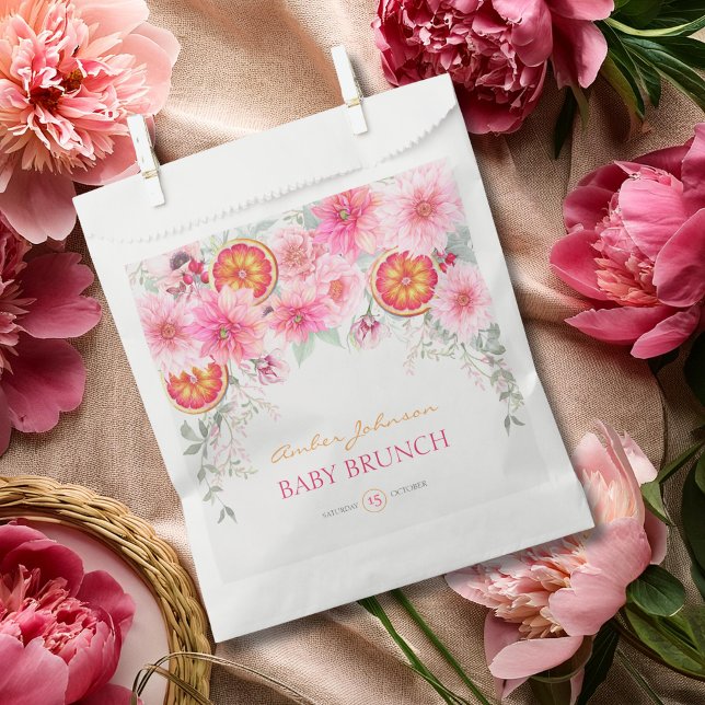 Bolsa De Papel Bebé en camino con flores de acuarela rosadas y cí (Citrus and pink watercolor flowers baby shower favor bag, party favors, girl baby shower)