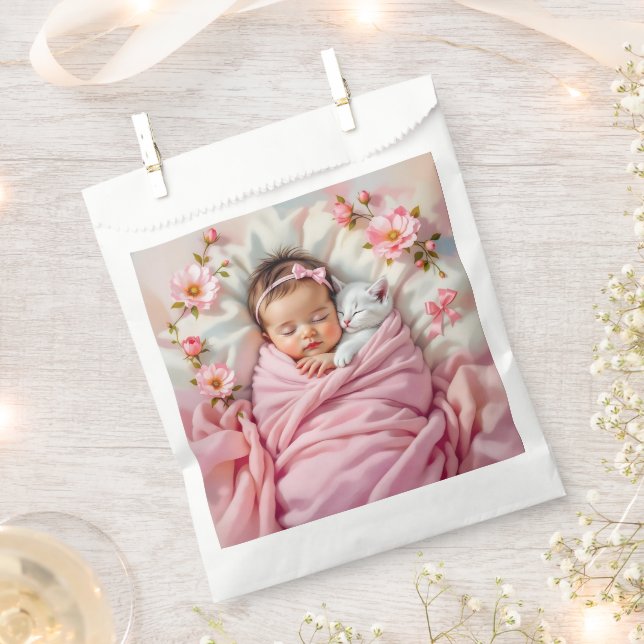 Bolsa De Papel Bebé floral rosa y gatito blanco (Cortado)