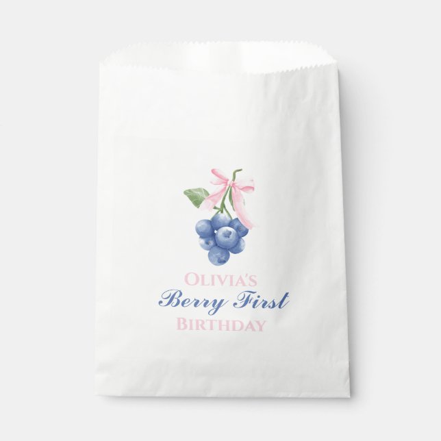 Bolsa De Papel Berry First blueberry cumpleaños Pink Bow Coquette (Anverso)