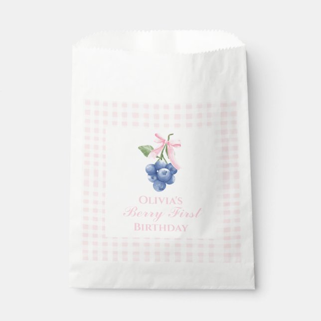 Bolsa De Papel Berry First blueberry cumpleaños Pink Bow Gingham (Anverso)