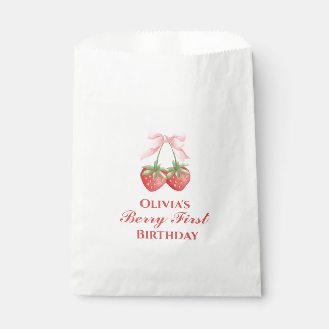Bolsa De Papel Berry primer cumpleaños de fresa Pink Bow (Anverso)