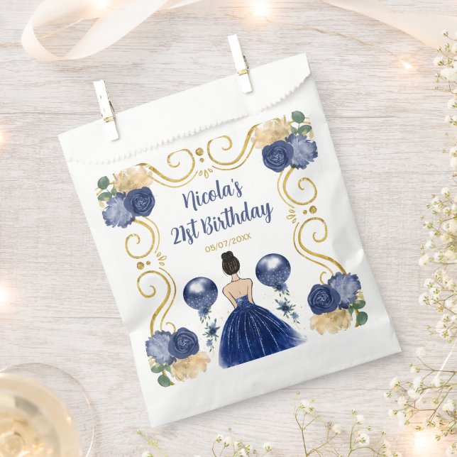 Bolsa De Papel Birthday Party Brown Hair  Princess in Navy Blue (Cortado)
