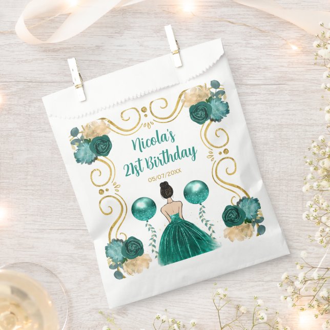 Bolsa De Papel Birthday Party Brown Hair Princess in Teal (Cortado)