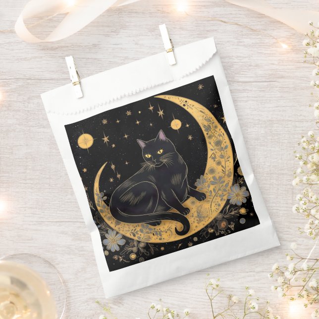 Bolsa De Papel Black Cat Crescent Moon Flores Happy Halloween (Cortado)