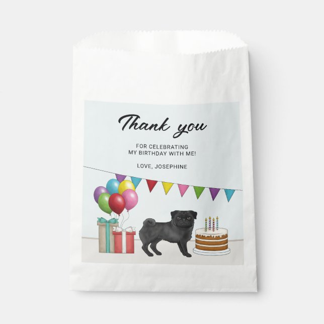 Bolsa De Papel Black Pug Cute Cartog Dog Cumpleaños Gracias (Anverso)