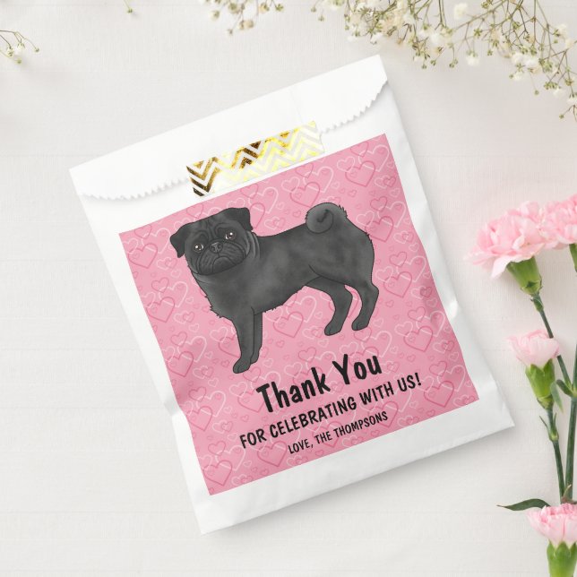 Bolsa De Papel Black Pug Cute Mops On Pink Hearts Gracias (Sellado)