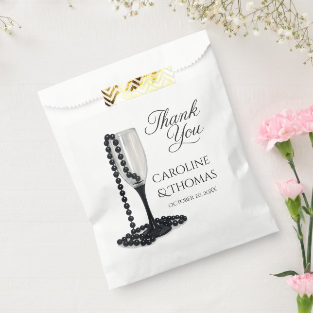 Bolsa De Papel Black & White Pearl Champagne Glass Wedding