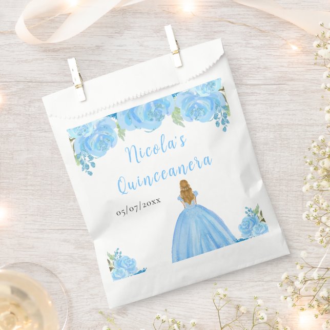 Bolsa De Papel Blonde Hair Princess Blue Floral Quinceanera (Cortado)