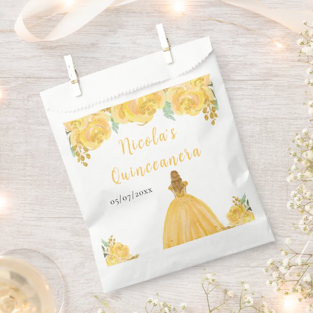 Bolsa De Papel Blonde Hair Princess Gold Floral Quinceanera (Cortado)