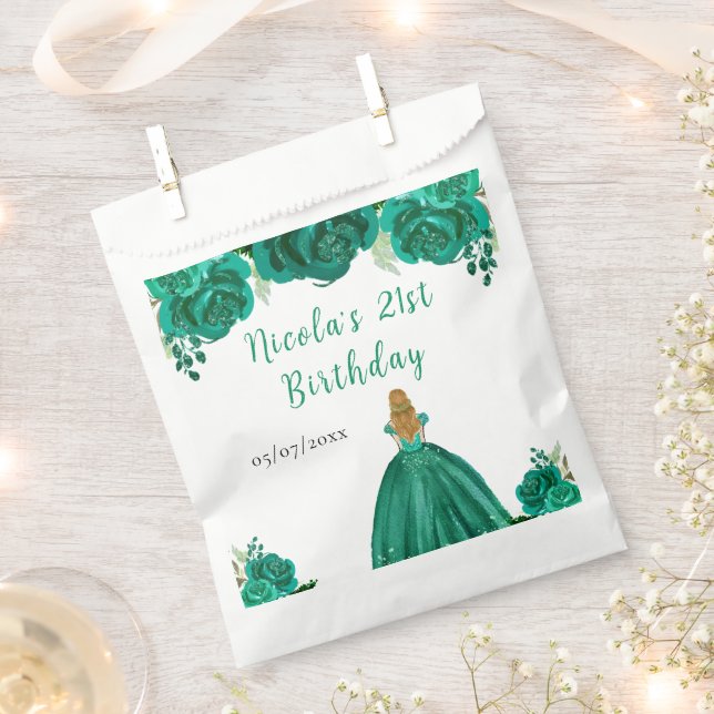 Bolsa De Papel Blonde Hair Princess Green Floral Birthday Party (Cortado)