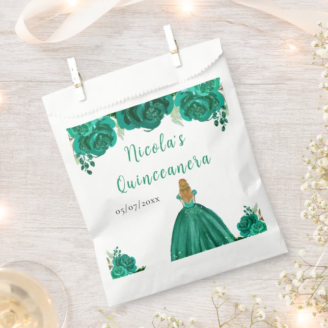 Bolsa De Papel Blonde Hair Princess Green Floral Quinceanera (Cortado)