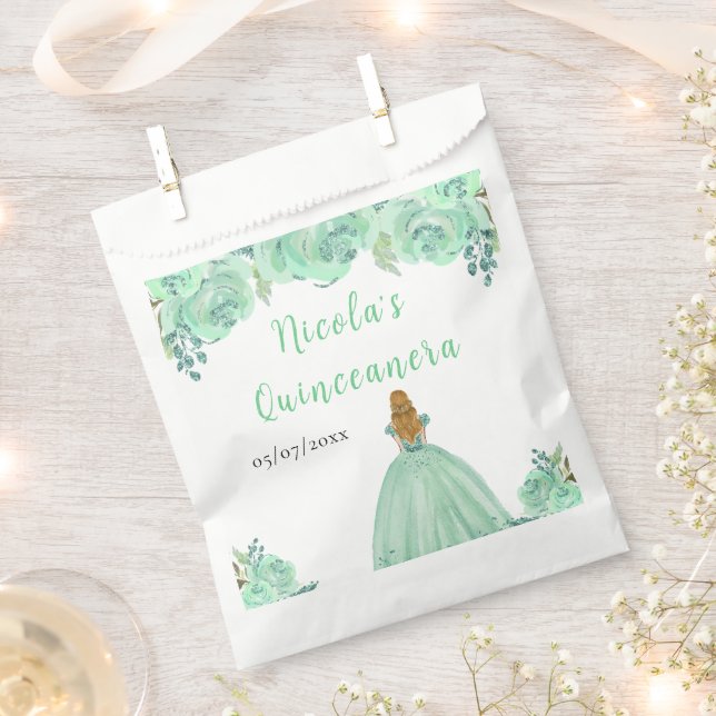 Bolsa De Papel Blonde Hair Princess Mint Floral Quinceanera (Cortado)