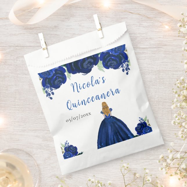 Bolsa De Papel Blonde Hair Princess Navy Floral Quinceanera (Cortado)