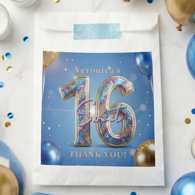 Bolsa De Papel Blue and Gold Glitter Balloons Sweet 16 Thank You (Subido por el creador)