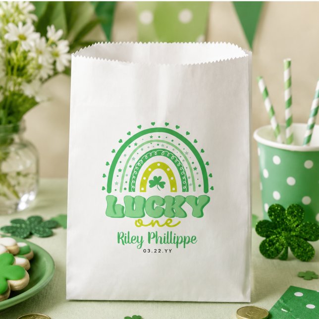 Bolsa De Papel Blue Clover & Rainbow Lucky One Cumpleaños  (Blue Clover & Rainbow Lucky One First Birthday Favor Bag)