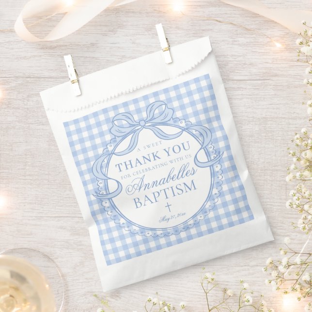 Bolsa De Papel Blue Gingham Coquette Bow Baptism Dessert (Cortado)