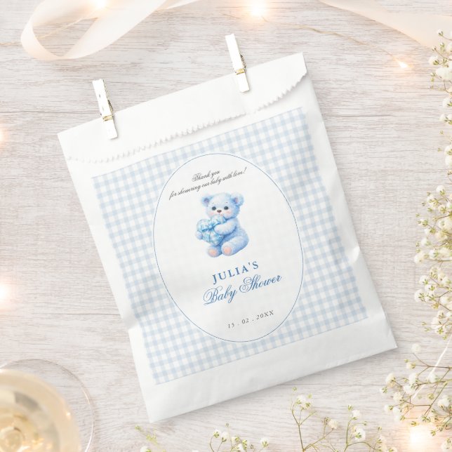 Bolsa De Papel Blue Gingham Teddy Bear Neutral Baby Shower (Cortado)