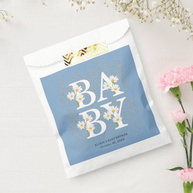 Bolsa De Papel Blue Golden Daisy Purpurina Glow Baby Shower (Sellado)