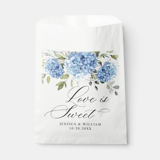Bolsa De Papel Blue Hydrangea Floral Love and Gracias Boda (Anverso)