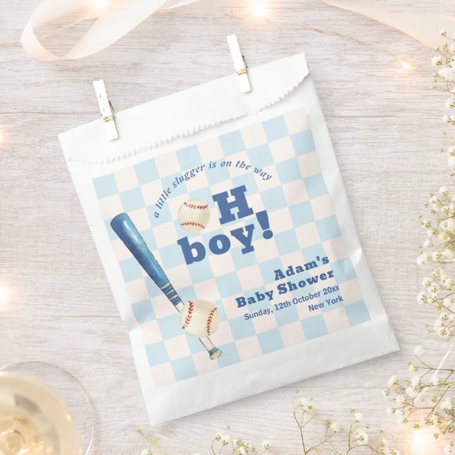 Bolsa De Papel Blue Plaid Little Slugger Baseball Baby Shower  (Cortado)