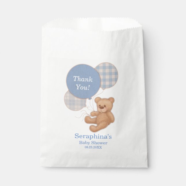 Bolsa De Papel Blue Plaid Teddy Bear Baby Shower Gracias (Anverso)