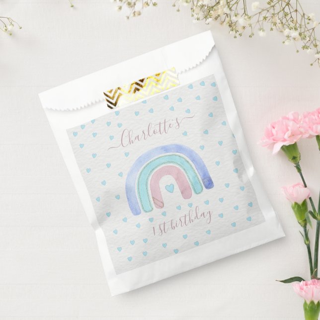 Bolsa De Papel Blue Purple Pastel Rainbow First Birday (Sellado)