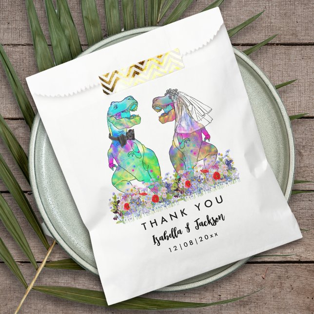 Bolsa De Papel Boda con tema de dinosaurios, gracias (Dinosaur wedding funny T-Rex bride and groom colorful wildflower custom wedding thank you favor bag)