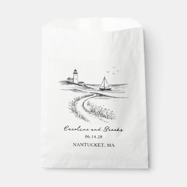 Bolsa De Papel Boda Costera Dibujada a Mano en Blanco y Negro (Anverso)