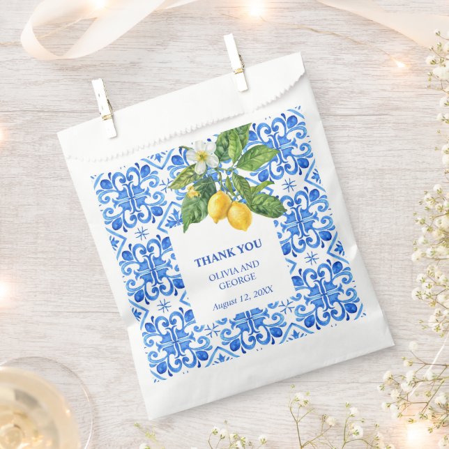 Bolsa De Papel Boda de azulejos azules y limones mediterráneos (Cortado)