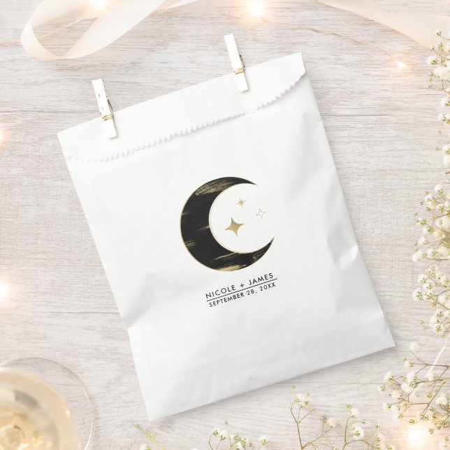 Bolsa De Papel Boda de estrellas lunares celestes negras y dorada (Cortado)