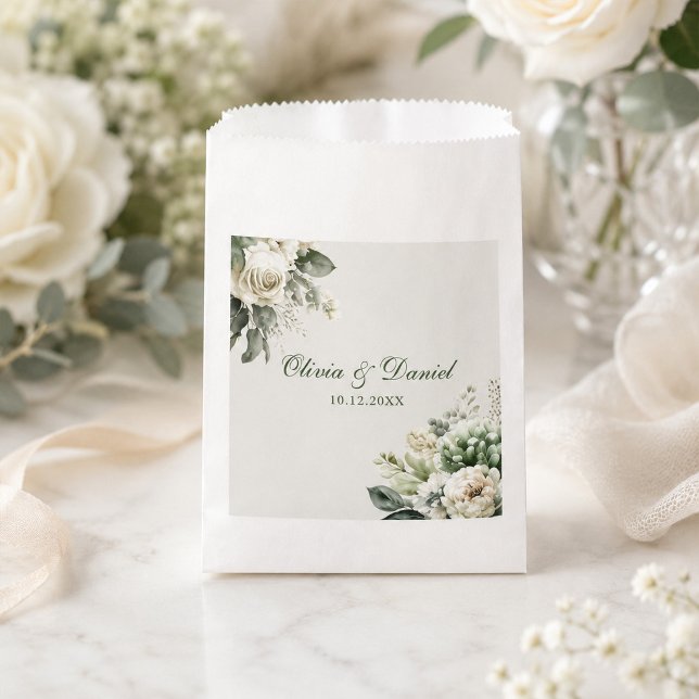 Bolsa De Papel Boda de flores de marfil y verde salvia (Boho Sage Green and Ivory Flowers Wedding Favor Bag on a table with flowers and ribbons)