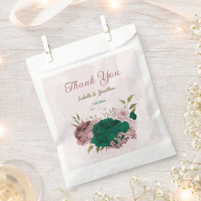 Bolsa De Papel boda de flores rosa verde esmeralda (Cortado)