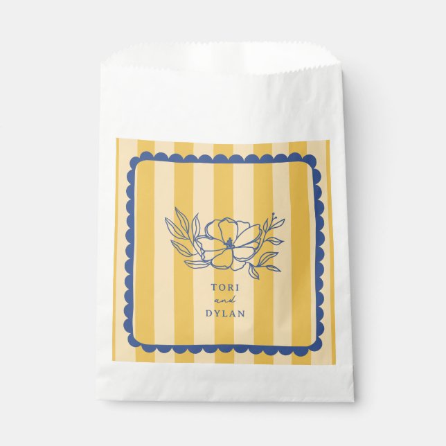 Bolsa De Papel Boda de la franja botánica azul amarillo floral (Anverso)
