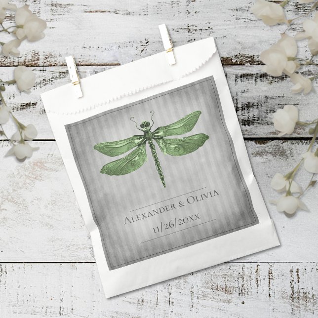 Bolsa De Papel Boda de la libélula jewada verde (Green Jeweled Dragonfly Wedding Favor Bags)