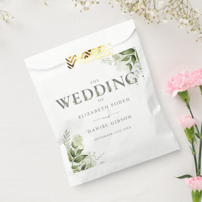 Bolsa De Papel Boda de la tipografía floral verde (Sellado)