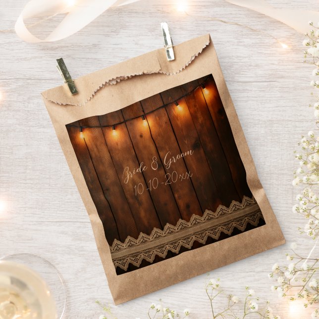 Bolsa De Papel Boda de Madera Rústica y Encaje (Cortado)