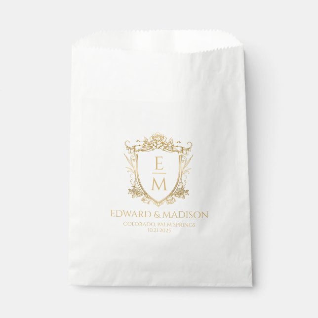 Bolsa De Papel Boda de oro Iniciales y Escudo Boda Floral (Anverso)
