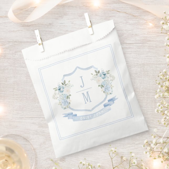 Bolsa De Papel Boda del Escudo de la cosecha floral azul Monogram (Cortado)