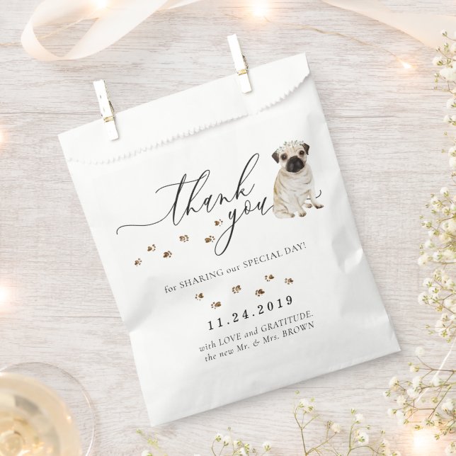 Bolsa De Papel Boda del perro Pug Gracias (Cortado)