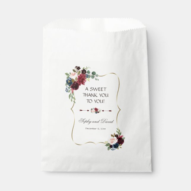 Bolsa De Papel Boda Floral Azul de la Marina Glam Merlot gracias (Anverso)