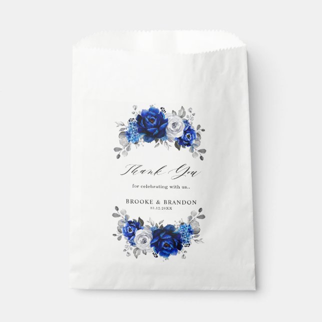 Bolsa De Papel Boda floral metálico plateado azul real (Anverso)