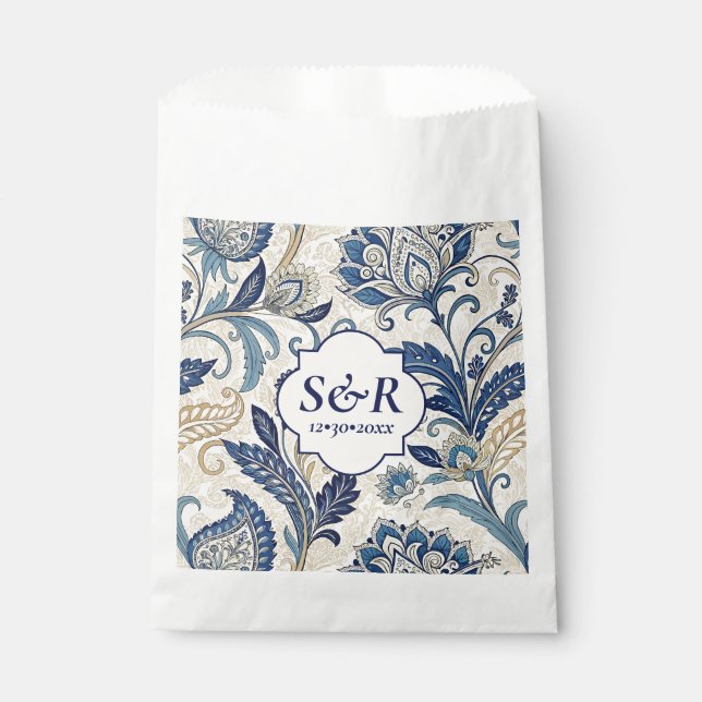 Bolsa De Papel Boda floral Monograma Blue & Cream Damask (Anverso)