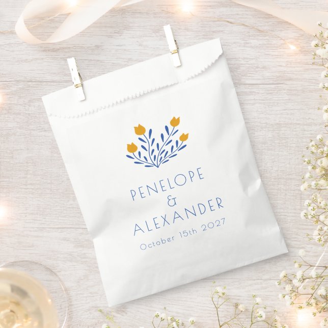 Bolsa De Papel Boda Floral Personalizada Folk Azul Marigold (Cortado)