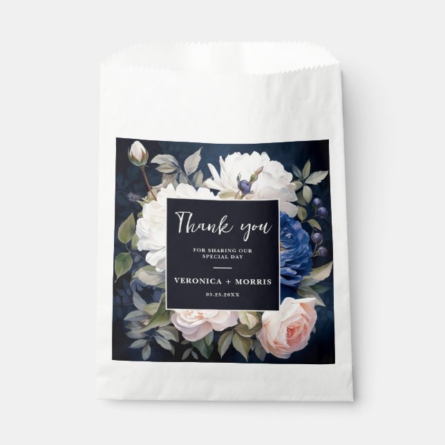 Bolsa De Papel Boda floral rosa azul marino y turbio Rubor (Anverso)