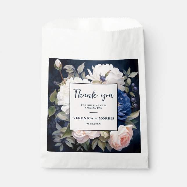 Bolsa De Papel Boda floral rosa azul marino y turbio Rubor (Anverso)