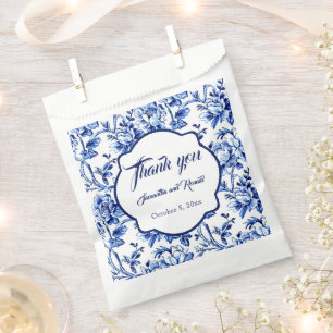 Bolsa De Papel Boda Floral Toile Blanco Azul Elegante