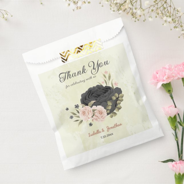 Bolsa De Papel boda flores rosadas rubor negro (Sellado)